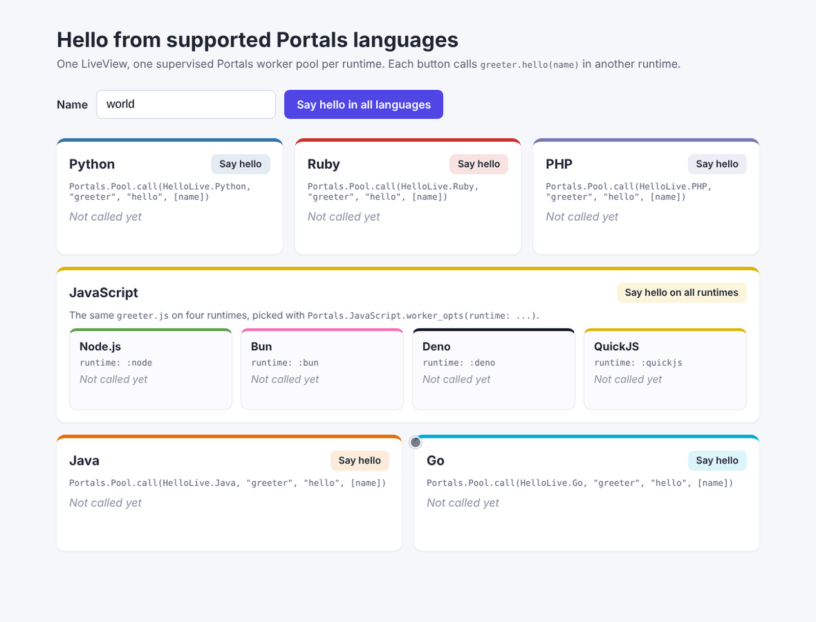A LiveView page calling a hello-world function in Python, Ruby, JavaScript on four runtimes, PHP, Java and Go